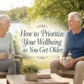 Older couple sitting outside with coffee and decorative text that reads How to Prioritize Your Wellbeing as You Get Older.