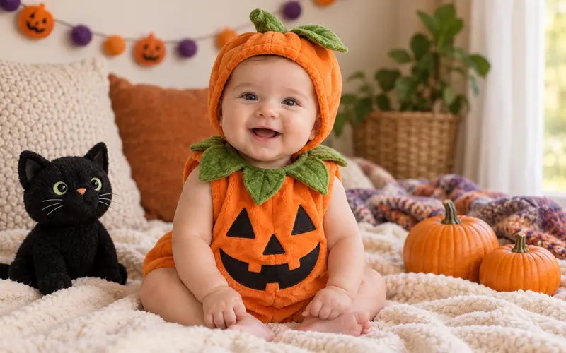 Sitting-age baby wearing a soft pumpkin costume for a first Halloween celebration