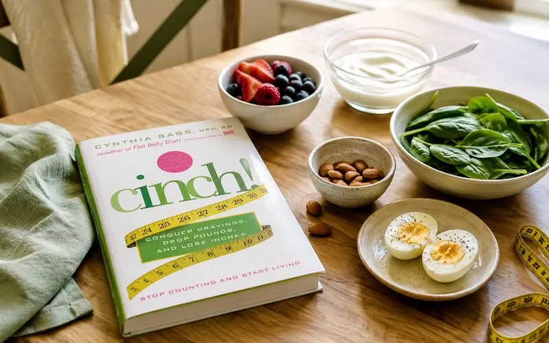 Cinch diet book on a wooden table with yogurt, berries, spinach, almonds, eggs, and a measuring tape in a realistic healthy lifestyle kitchen scene.