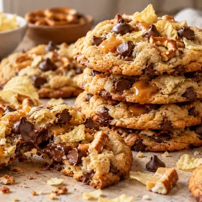 Freshly baked late night snack cookies filled with chocolate, caramel, pretzels, and potato chips