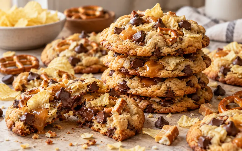 Freshly baked late night snack cookies filled with chocolate, caramel, pretzels, and potato chips