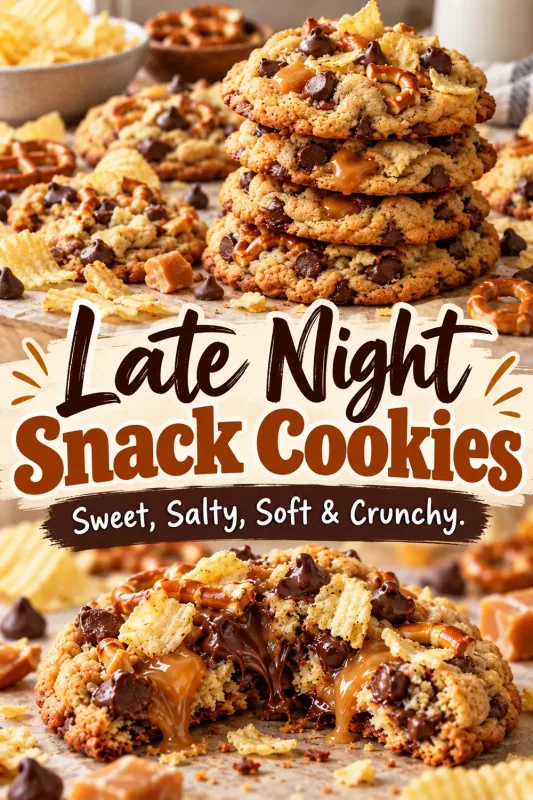 late night snack cookies with chocolate, caramel, pretzels, and potato chips