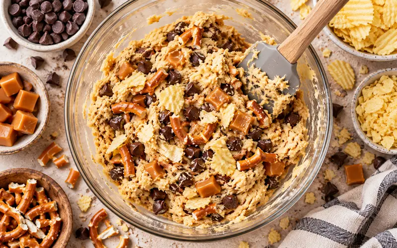 Cookie dough being mixed with chocolate chips, caramel, pretzels, and crushed potato chips