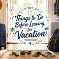 Packed luggage by a front door with the words Things to Do Before Leaving for Vacation.