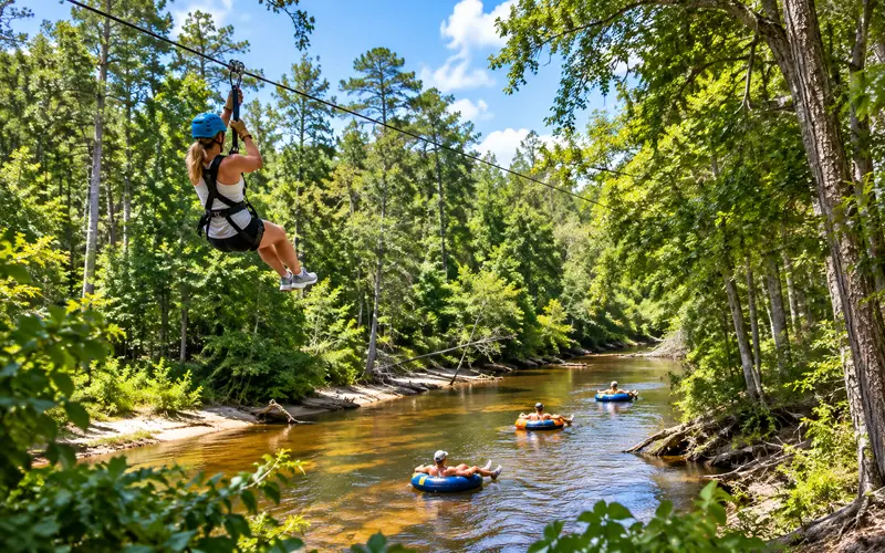 Ziplining above a wooded creek while tubers float below in a Northwest Florida-style forest