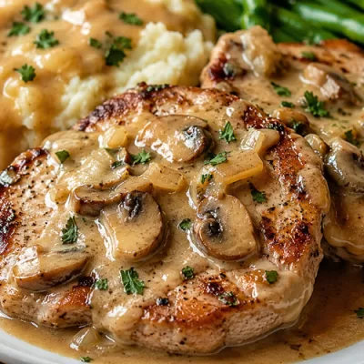 Tender golden mushroom pork chops topped with creamy mushroom gravy, served with mashed potatoes and green beans.