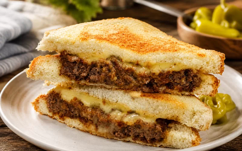 Italian cube steak sandwich with melted cheese on toasted bread served on a plate with a rustic kitchen background