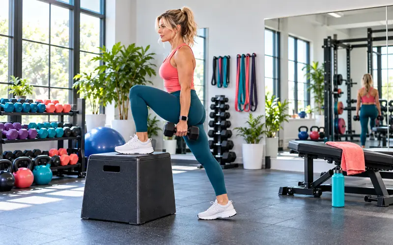 Woman performing controlled step-ups during a lower-body strength workout