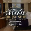 Norwegian Getaway cruise ship stateroom with decorative text highlighting staterooms, gym, and spa