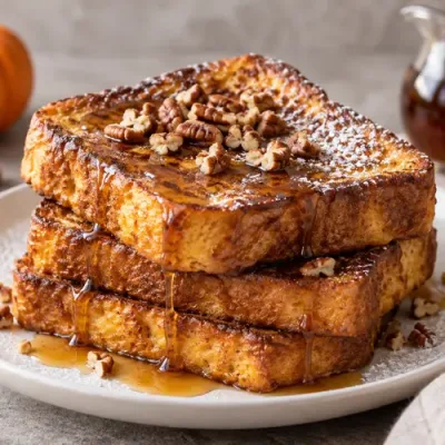 Pumpkin spice French toast topped with maple syrup, powdered sugar, and pecans