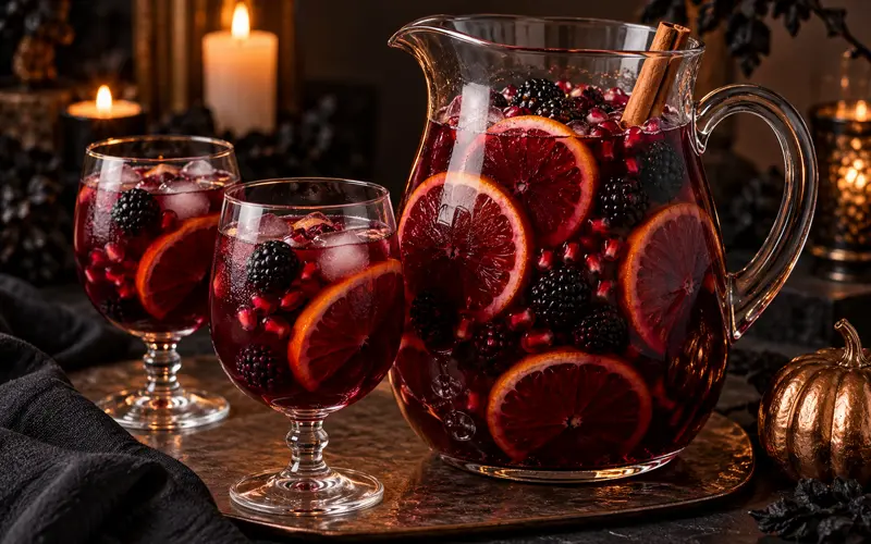 Blood red Halloween sangria with citrus and dark berries in a glass pitcher