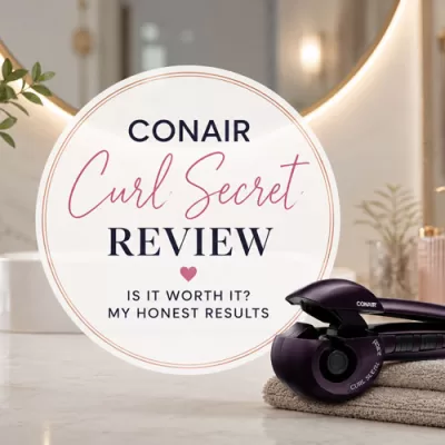 Elegant bathroom-themed featured image for a Conair Curl Secret review with a curling tool on a marble vanity, soft beauty decor, and stylish text overlay reading “Curl Secret Review.”