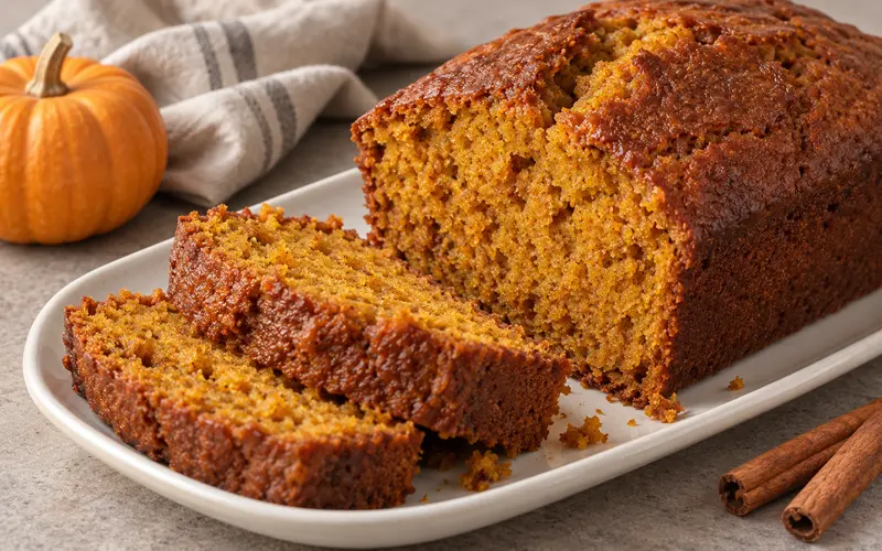 Sliced moist pumpkin bread loaf served on a white platter with warm fall spices