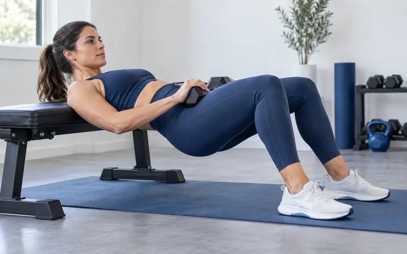 Woman performing a hip thrust during a lower-body strength workout