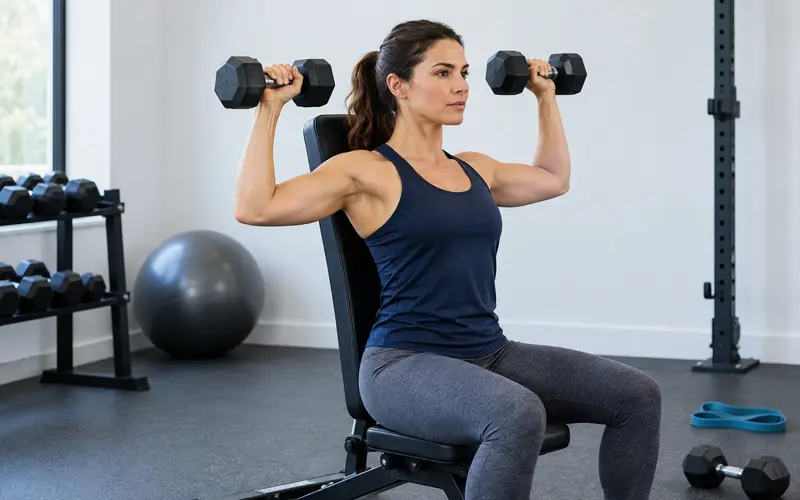 Woman doing a seated dumbbell shoulder press during an upper-body workout