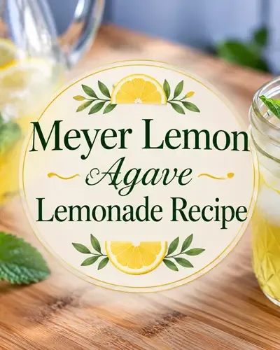 Featured image for Meyer Lemon Agave Lemonade Recipe showing a mason jar of iced lemonade with lemon slices and mint beside a glass pitcher of lemonade.