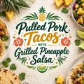Pulled pork tacos with pineapple salsa beneath a centered decorative recipe title.
