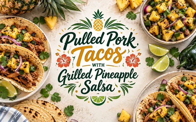 Pulled pork tacos with pineapple salsa beneath a centered decorative recipe title.