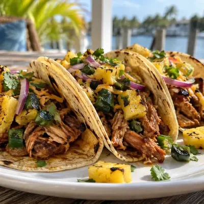 Pulled pork tacos topped with grilled pineapple salsa, red onion, cheddar cheese, and cilantro.