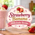 Strawberry banana milkshake with decorative Strawberry Banana Milkshake Recipe title graphic.