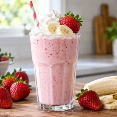 Creamy strawberry banana milkshake topped with whipped cream, banana slices, and a fresh strawberry.