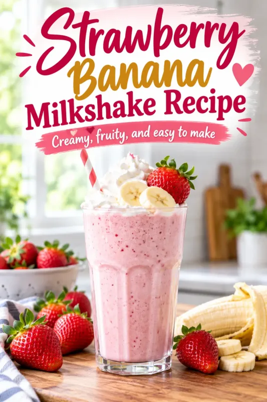 Strawberry banana milkshake topped with whipped cream and fresh fruit with Strawberry Banana Milkshake Recipe text.