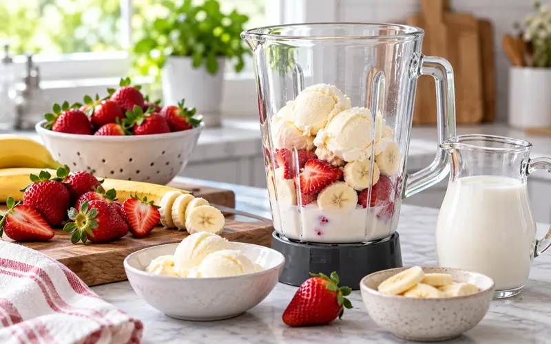 Strawberries, banana, vanilla ice cream, and milk arranged in and around a blender before making a strawberry banana milkshake.