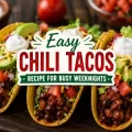Thumbnail image for an easy chili tacos recipe featuring three loaded tacos with chili, lettuce, cheese, avocado, tomatoes, and sour cream with bold recipe title text overlay.