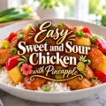 Easy sweet and sour chicken with pineapple served over rice with decorative recipe title text.