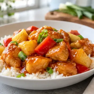 Sweet and sour chicken with pineapple and red bell peppers served over white rice.