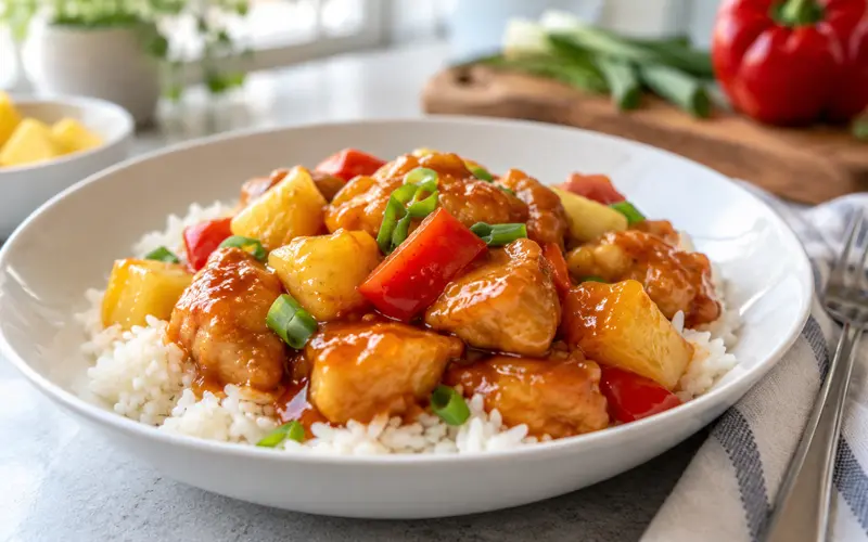 Sweet and sour chicken with pineapple and red bell peppers served over white rice.