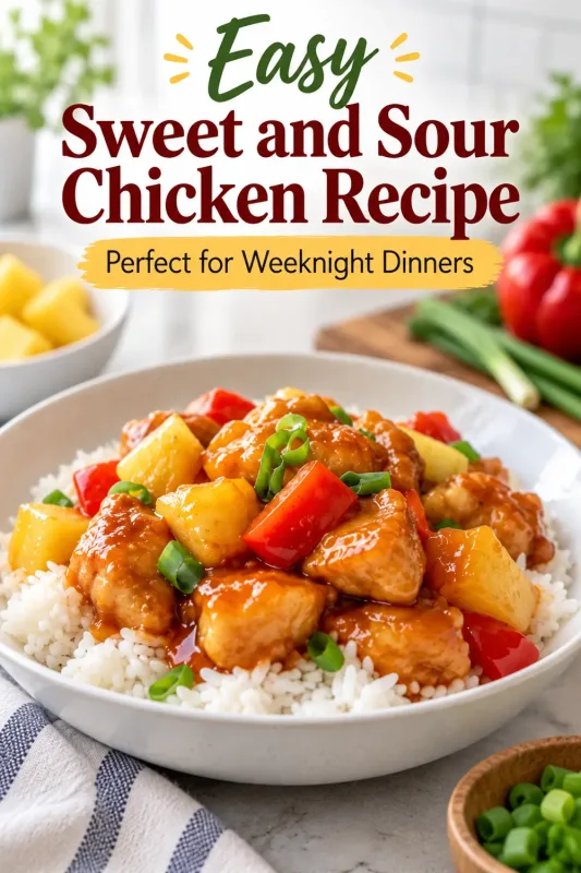 Easy sweet and sour chicken with pineapple and red bell peppers over rice with Pinterest recipe text.