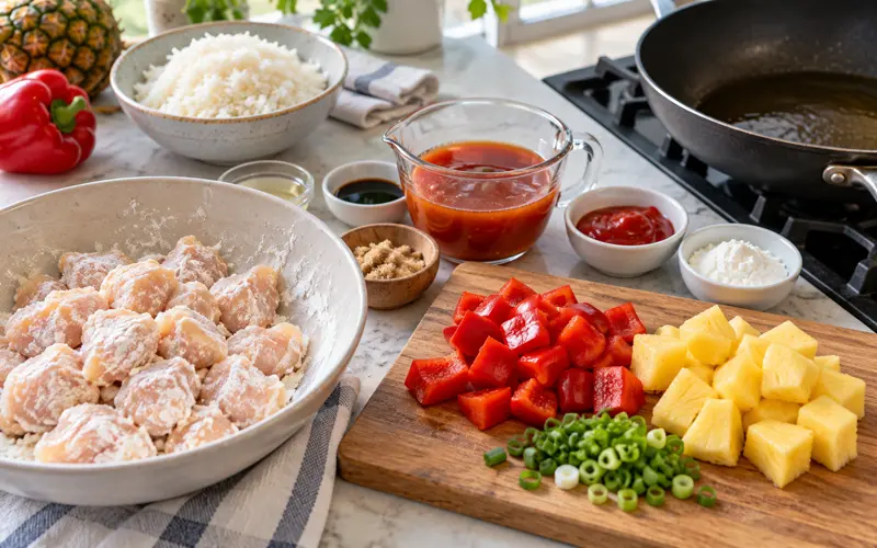Chicken pieces being prepared with flour and cornstarch alongside pineapple, red bell pepper, and sweet and sour sauce ingredients.