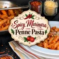 Spicy marinara penne pasta with Parmesan cheese, red pepper flakes, garlic, and a decorative recipe title graphic.