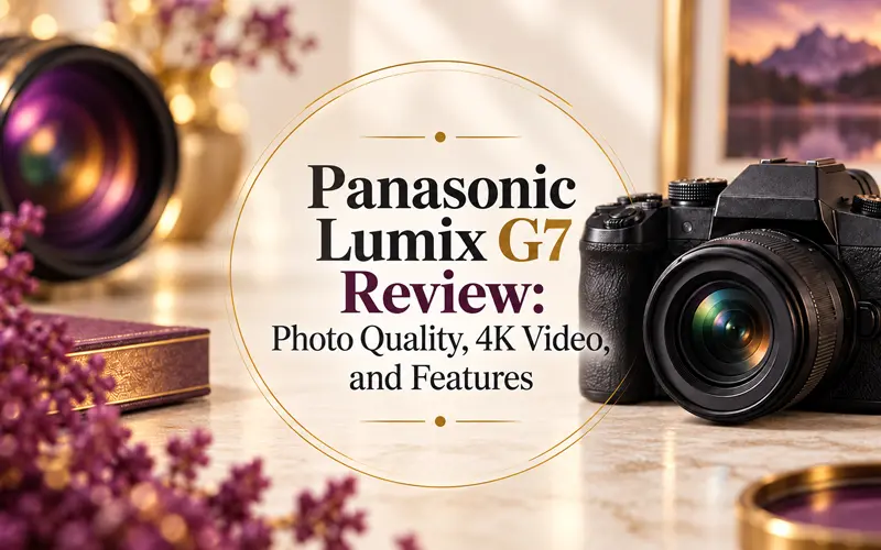 Panasonic Lumix G7 review graphic with a black mirrorless camera on a light photography-inspired background