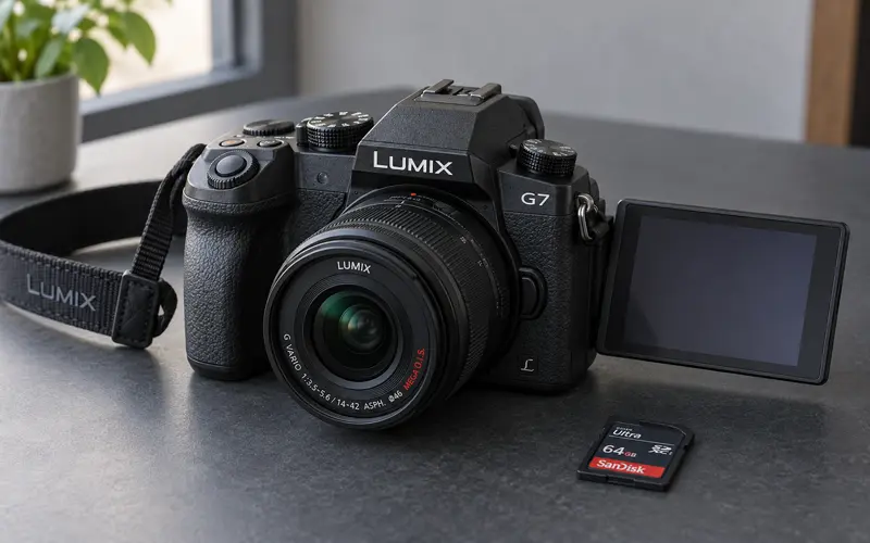 Panasonic Lumix G7 mirrorless camera with a 14–42mm lens, camera strap, and SD card