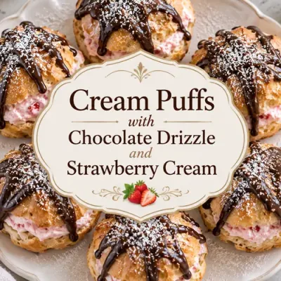 Cream Puffs with Chocolate Drizzle and Strawberry Cream
