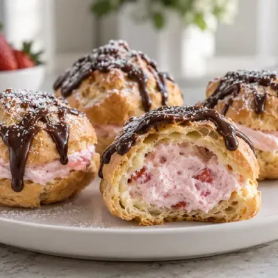 Homemade cream puffs filled with strawberry cream and topped with chocolate drizzle