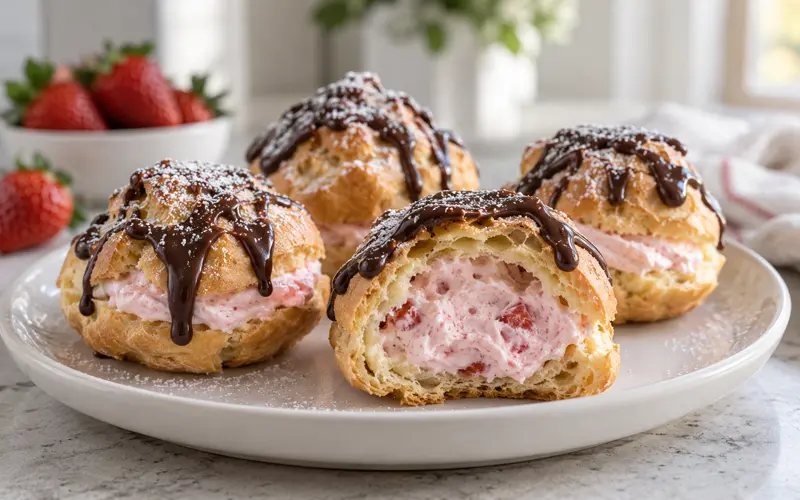 Homemade cream puffs filled with strawberry cream and topped with chocolate drizzle