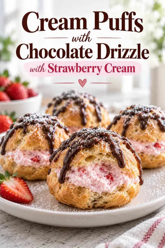 Homemade strawberry cream puffs with chocolate drizzle Pinterest recipe graphic