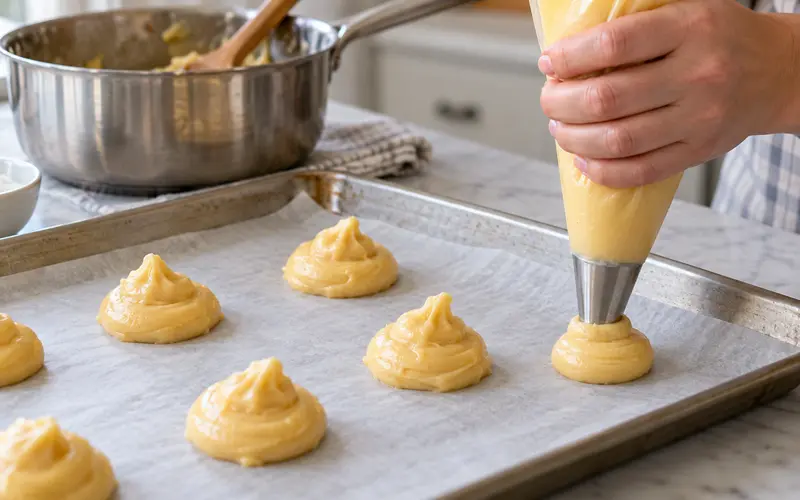 Choux pastry being piped onto a parchment-lined baking sheet for homemade cream puffs