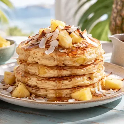 Stack of pina colada pancakes topped with pineapple, toasted coconut, and warm maple syrup.