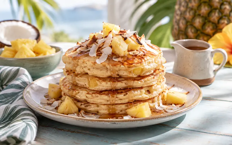 Stack of pina colada pancakes topped with pineapple, toasted coconut, and warm maple syrup.