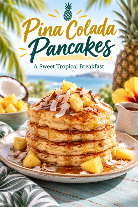 Pina colada pancakes topped with pineapple and toasted coconut with tropical breakfast recipe text.