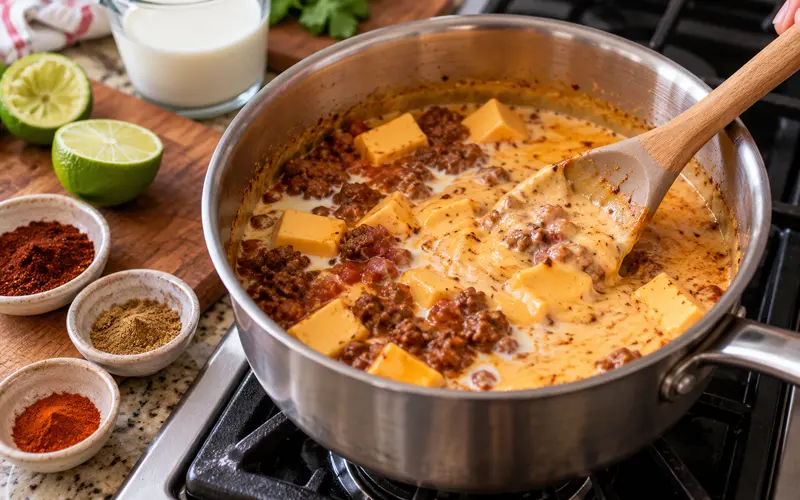 Velveeta and no-bean chili melting together for skillet beef queso