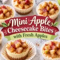 Mini apple cheesecakes with fresh cinnamon apples arranged around the recipe title