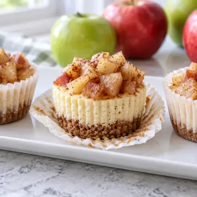 Homemade mini apple cheesecake bites with cinnamon graham cracker crust and fresh apple topping