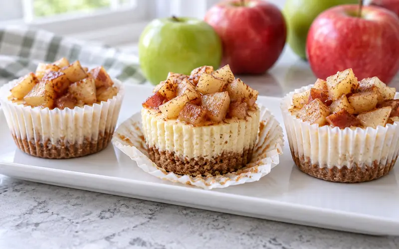 Homemade mini apple cheesecake bites with cinnamon graham cracker crust and fresh apple topping