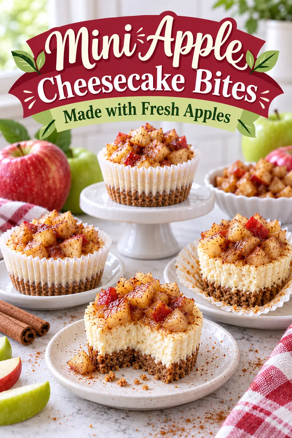Mini apple cheesecake bites with fresh cinnamon apples, creamy filling, and graham cracker crust