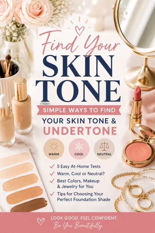 Pinterest graphic for finding your skin tone and undertone with makeup, foundation shades, blush, jewelry, and warm, cool, and neutral undertone tips.